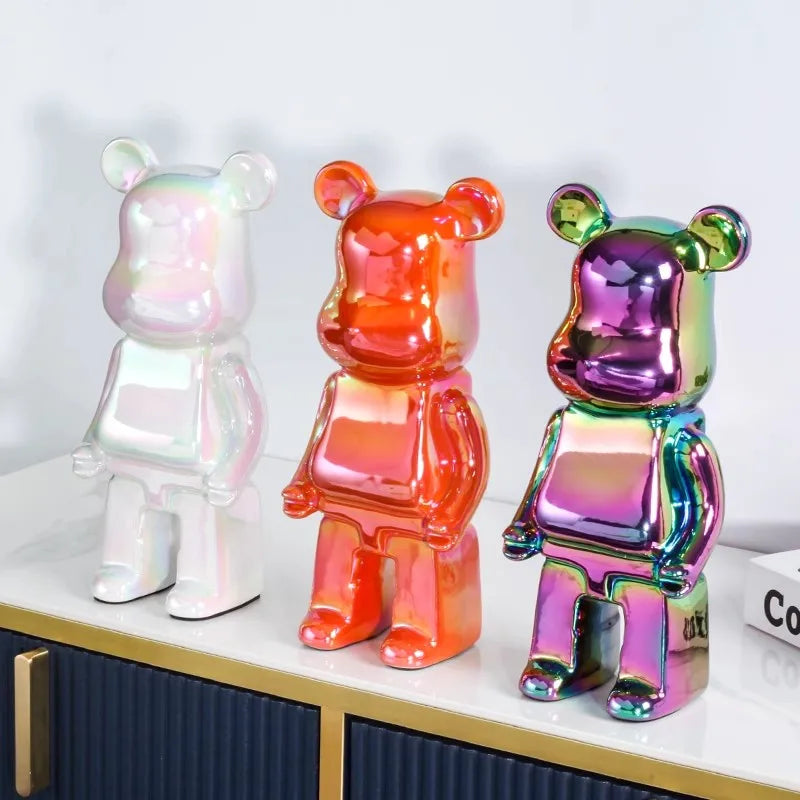 Close-up of an iridescent holographic-finish bear sculpture