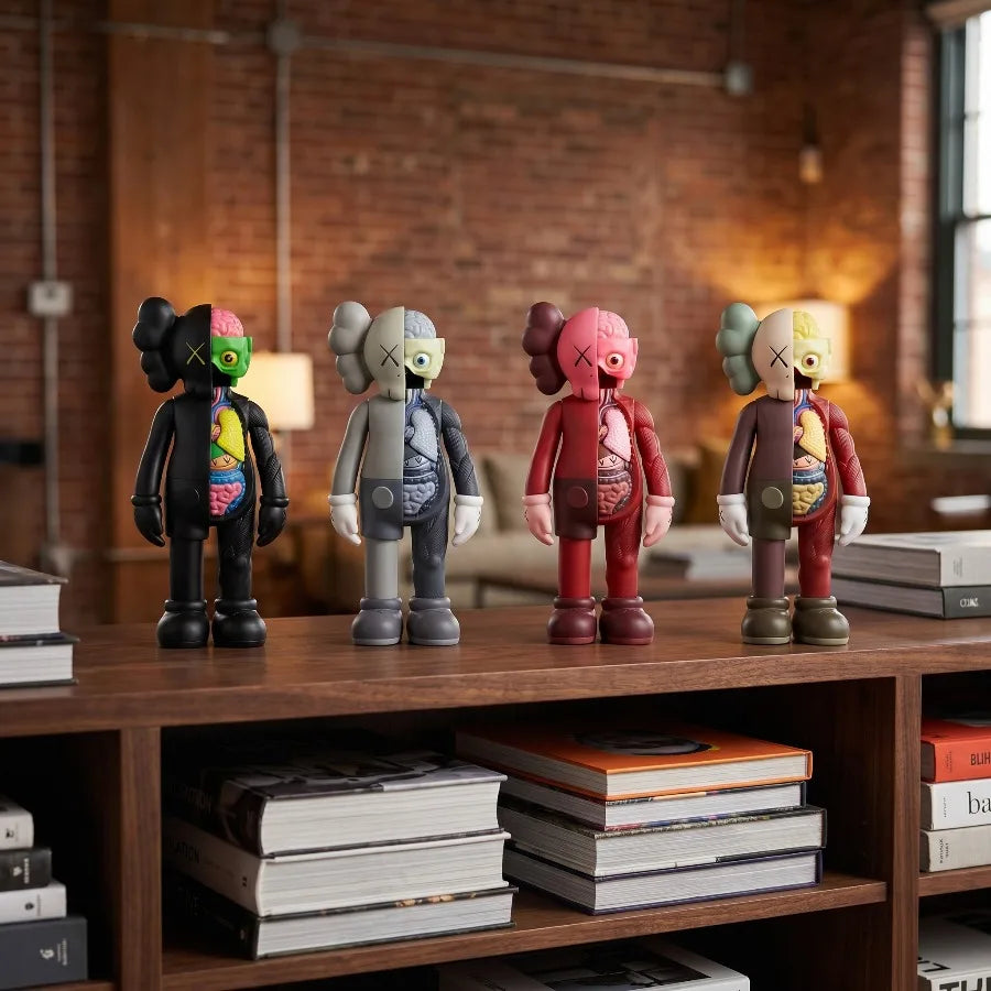 Five bear figurines in red and maroon tones displayed against a brick wall