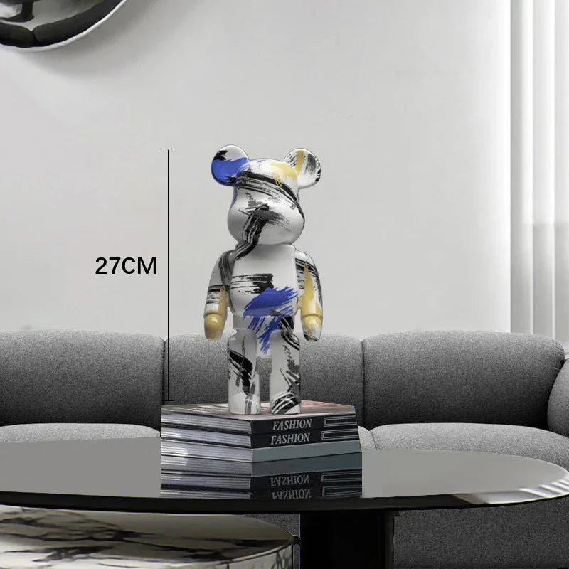 Black blocky bear sculpture in a living room setting