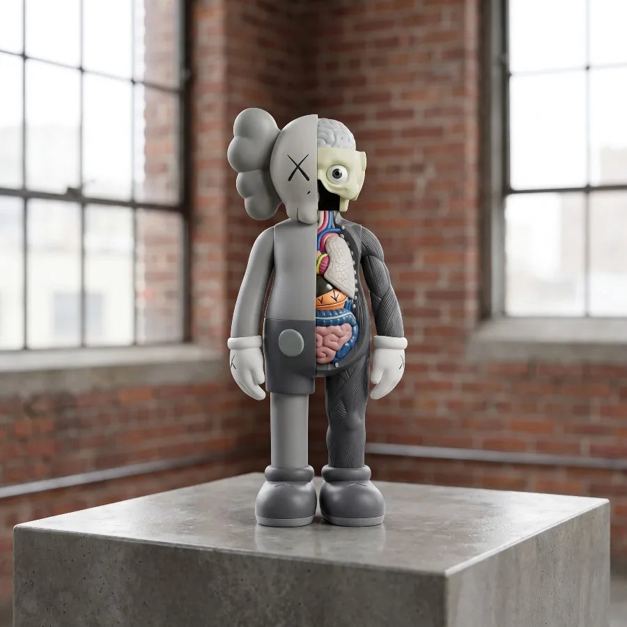 Black bear figurine standing on a stone pedestal with a blurred park background