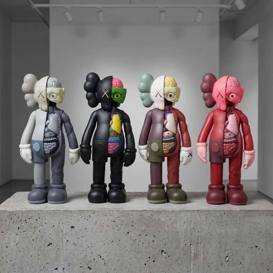 Five street-art bear figurines lined up in a row showing available color options