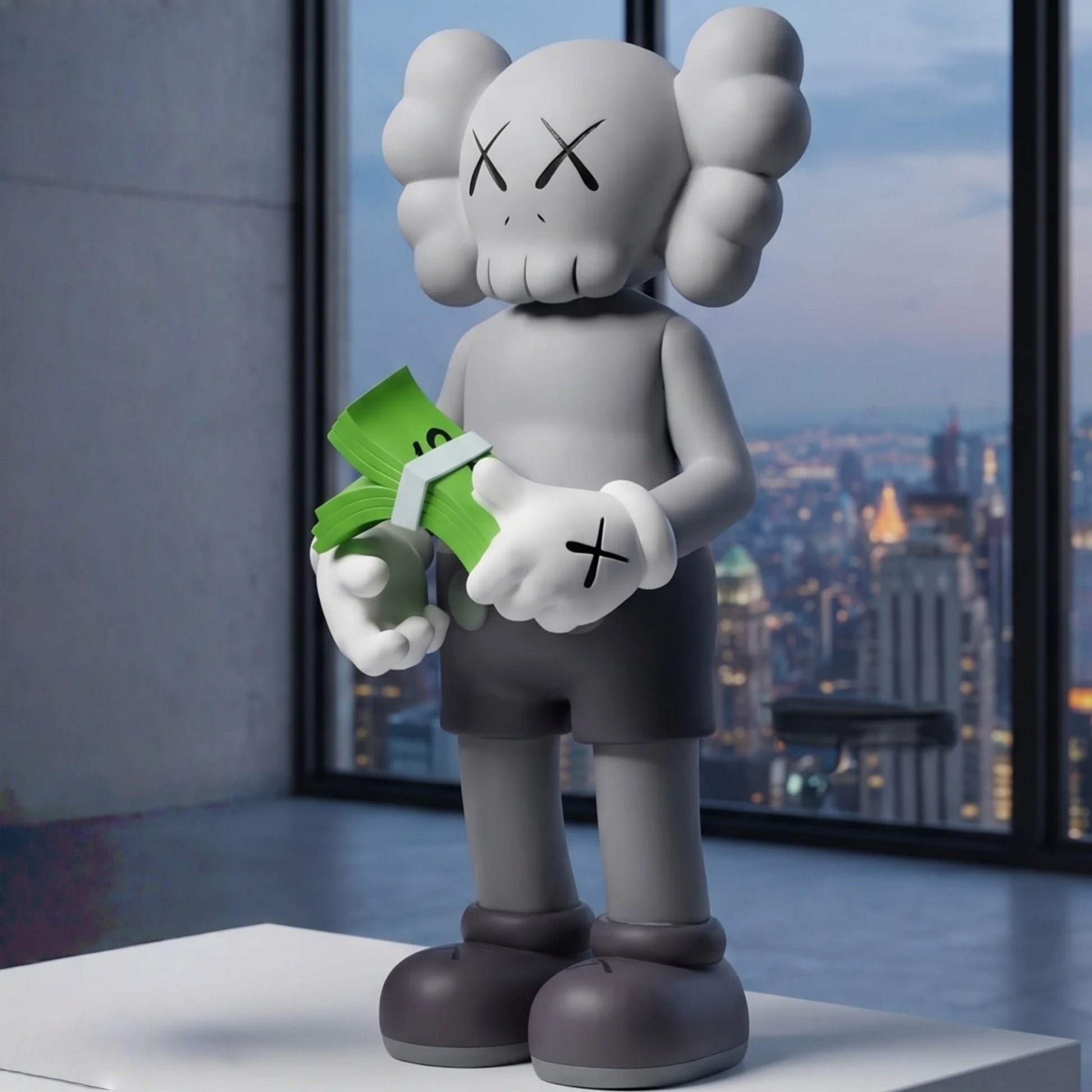 Gray marble-finish bear figurine displayed on an outdoor concrete ledge with city buildings in the background