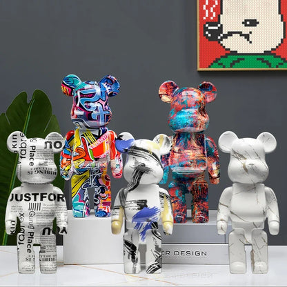 Blocky bear sculpture displayed on a red surface