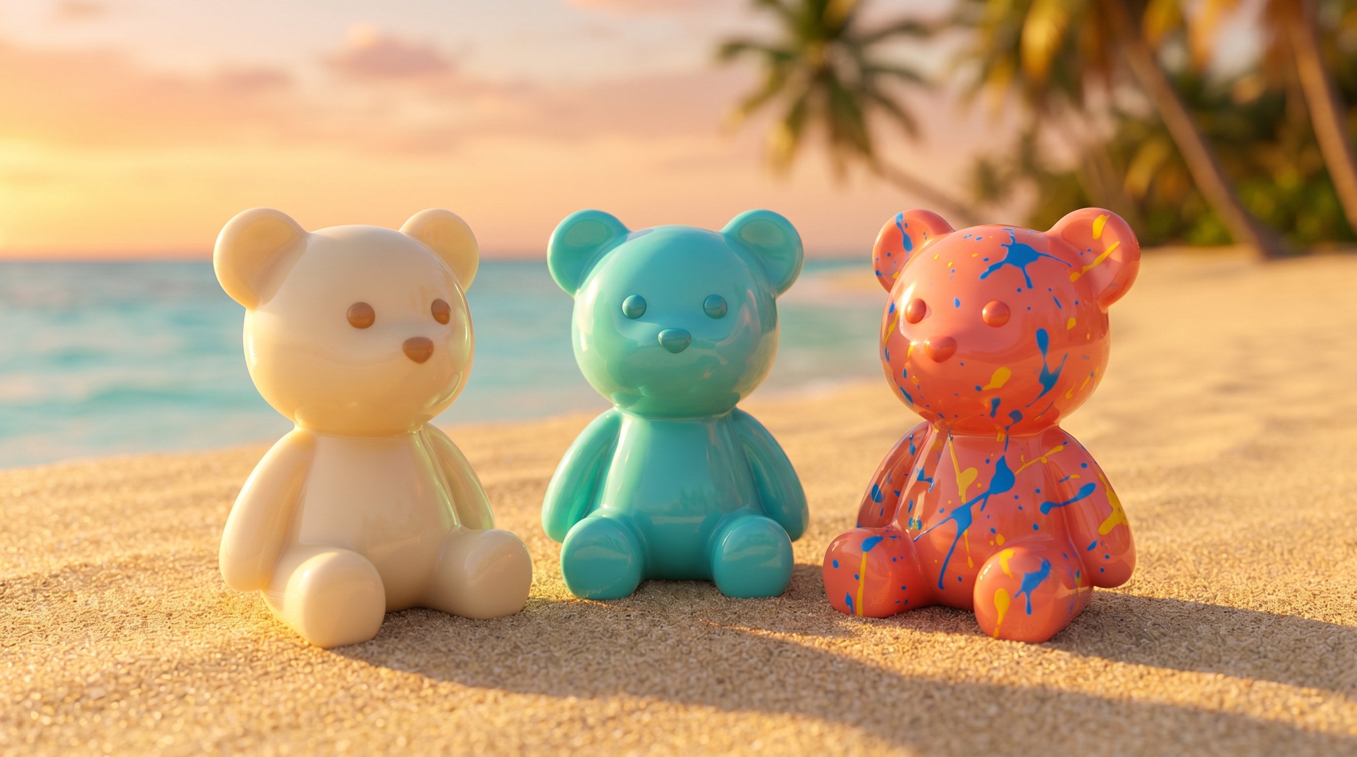 Colorful resin bear figurines relaxing together on a tropical beach at golden hour