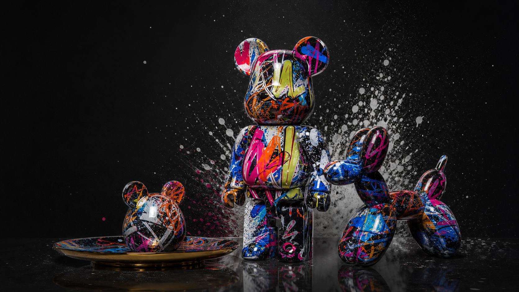 Colorful resin bear sculptures and a balloon dog in a paint-splashed gallery scene